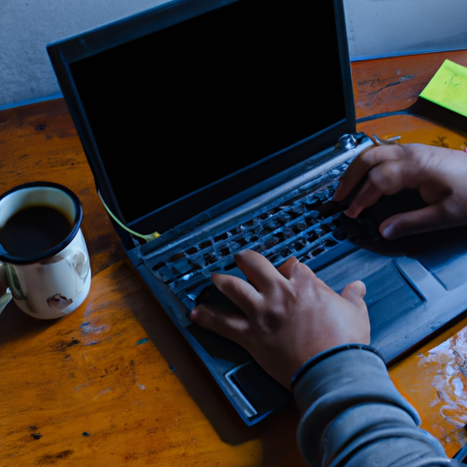 Una persona con una computadora y una taza de café, trabajando en una estrategia de marketing digital